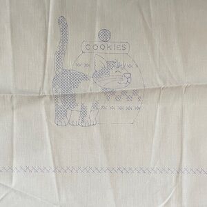 Hand Crafted Cream and Blue Cat Embroidery Fabric